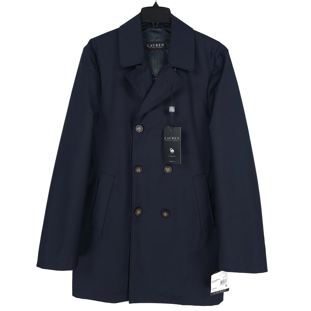 Lauren Ralph Lauren Mens Classic Fit Raincoat 40L Navy Solid Double Breasted NWT